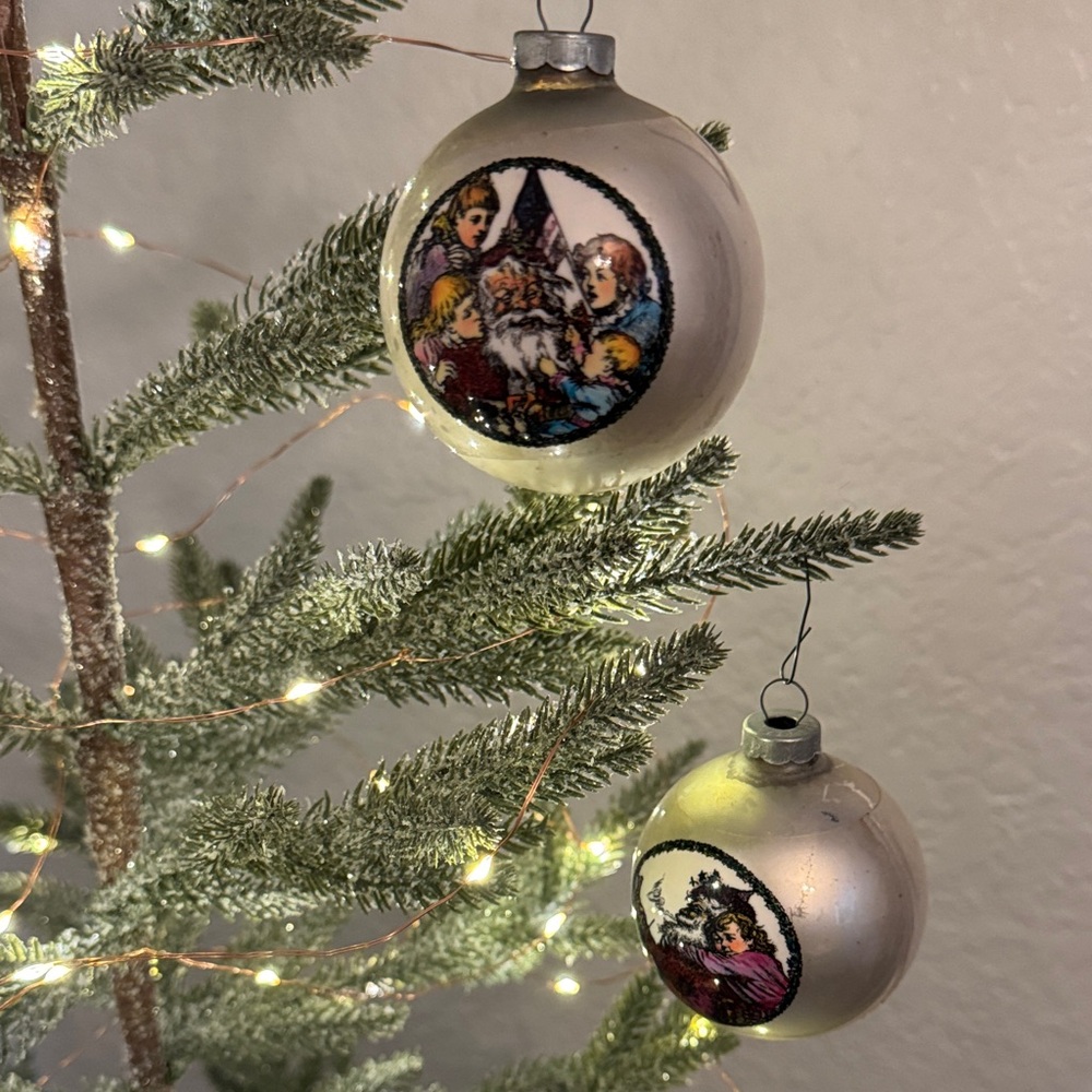 Vintage Glass Ball Christmas Ornaments Santa with girl Children Set of 2